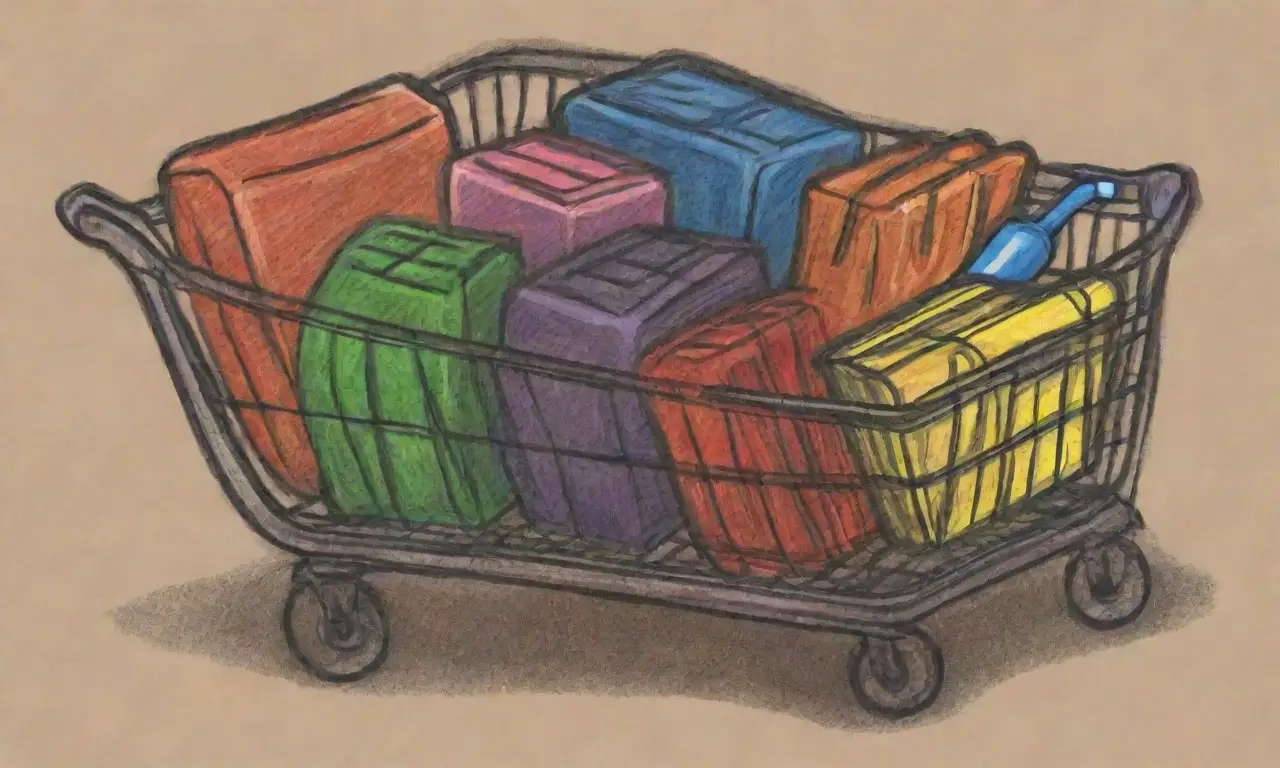 Un carrito de compras central con líneas audaces, sombras suaves, texturas intrincadas y colores vibrantes en un estilo minimalista y equilibrado