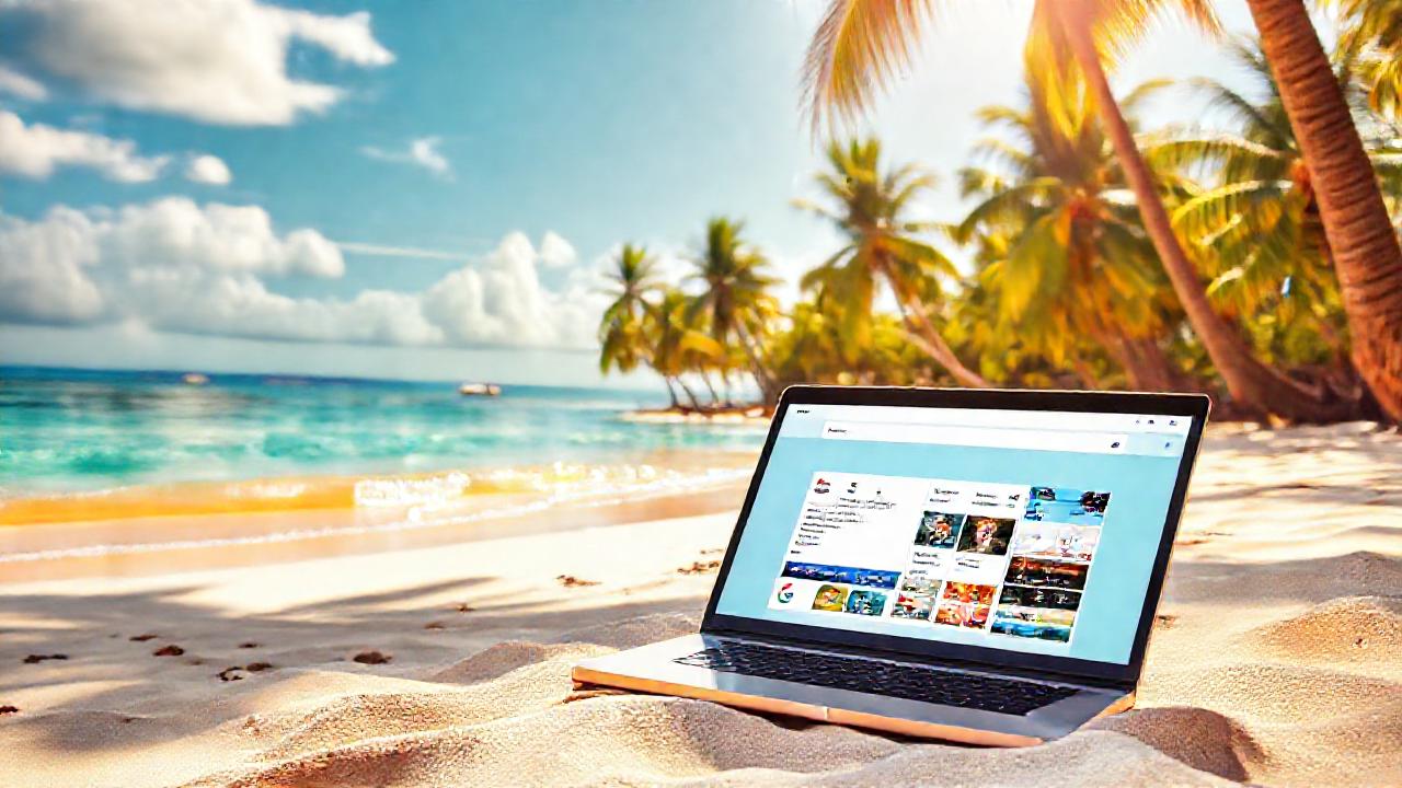 Trabaja felizmente en la playa digital