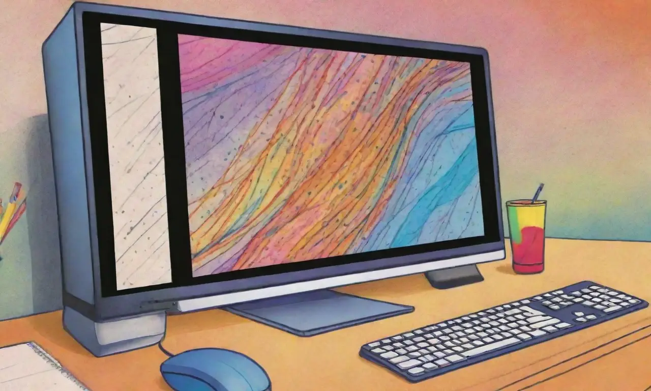 Un diseño visualmente atractivo resalta características clave de una pantalla de computadora con colores vibrantes y texturas complejas