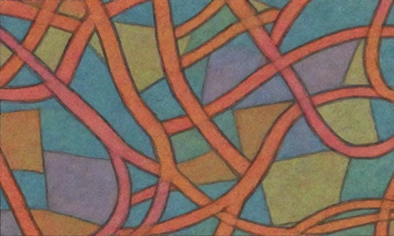 Un diseño complejo combina formas interconectadas, sombras suaves, texturas, colores vibrantes y patrones rítmicos para crear profundidad y armonía visual