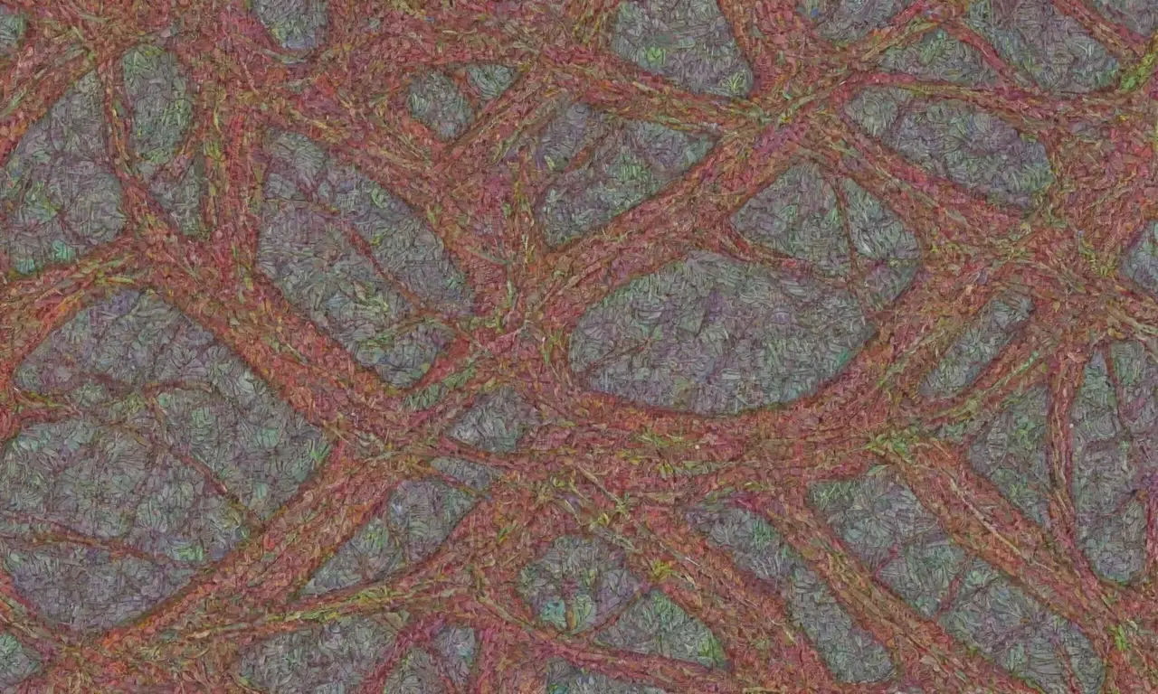 Un diseño complejo combina líneas intrincadas, sombras suaves, texturas y colores contrastantes para crear una red visual dinámica y unificada