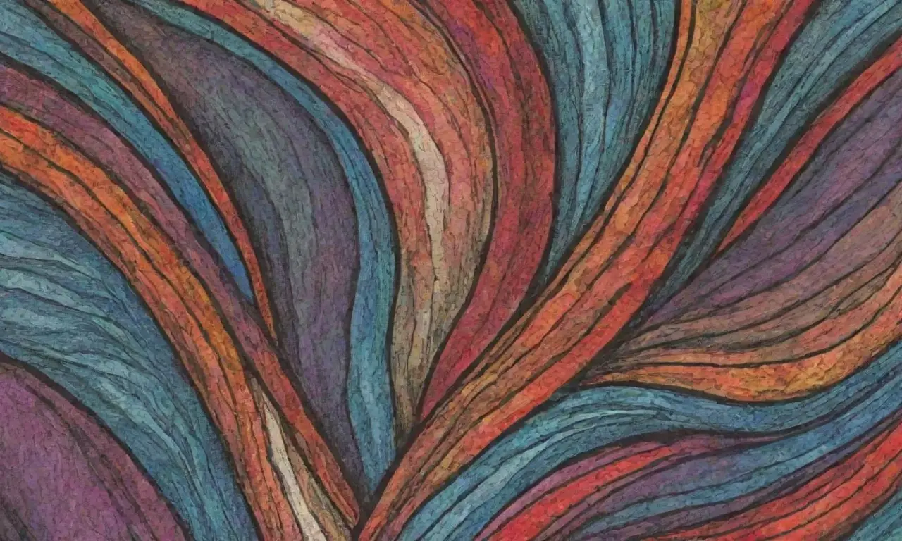 El diseño combina líneas intrincadas, texturas contrastantes y colores vibrantes para crear una composición dinámica y armoniosa