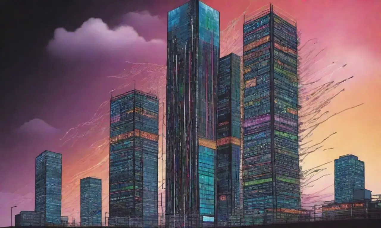 Una torre de servidor central con detalles intrincados, cables entrelazados y un entorno digital vibrante que representa movimiento y seguridad