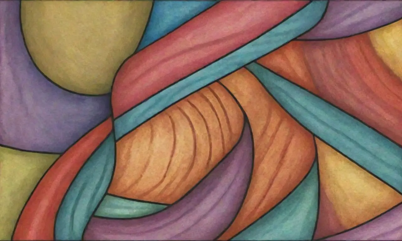 Un diseño complejo combina líneas intrincadas, curvas suaves, ángulos agudos, texturas contrastantes y una paleta de colores armoniosa