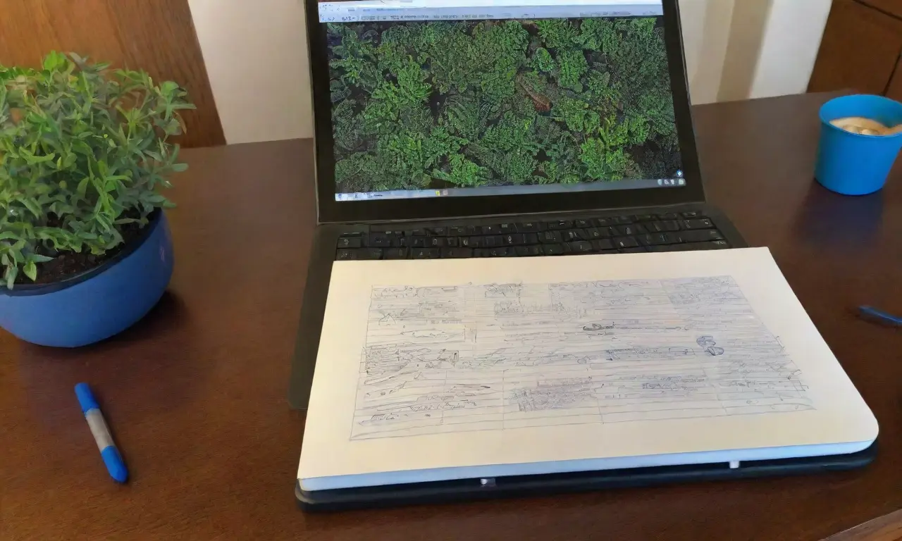 Una laptop con sombras suaves, pantalla brillante, notas dispersas y una taza de café en un entorno equilibrado