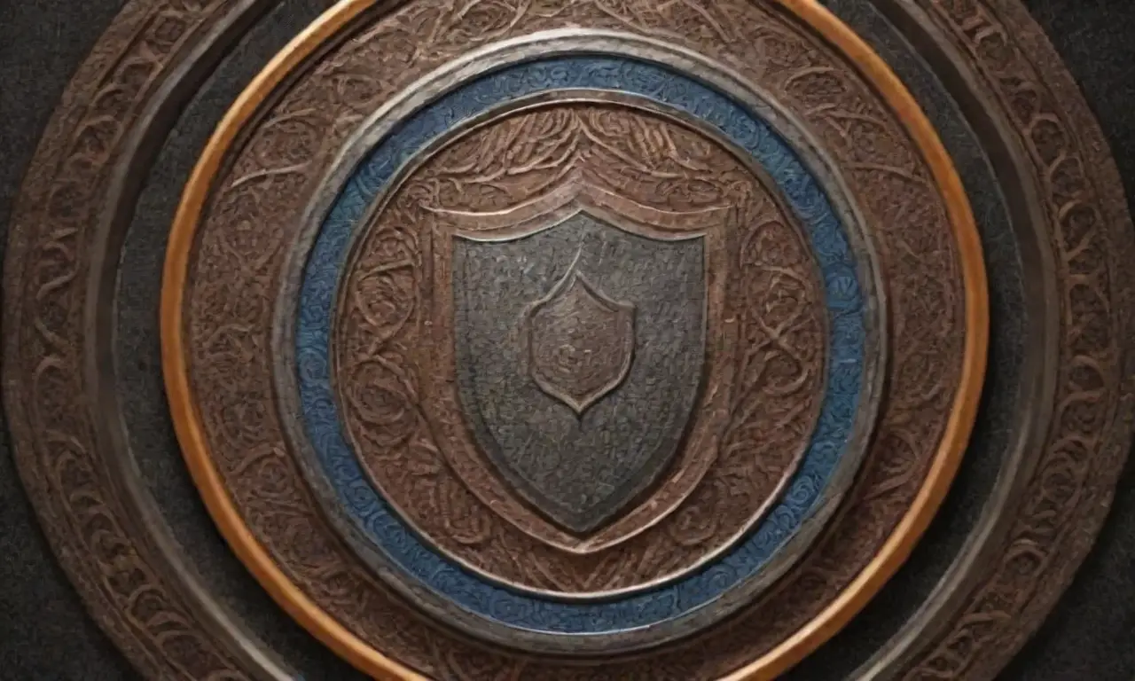 Un escudo con líneas audaces, patrones intrincados y colores sutiles simboliza protección y confianza