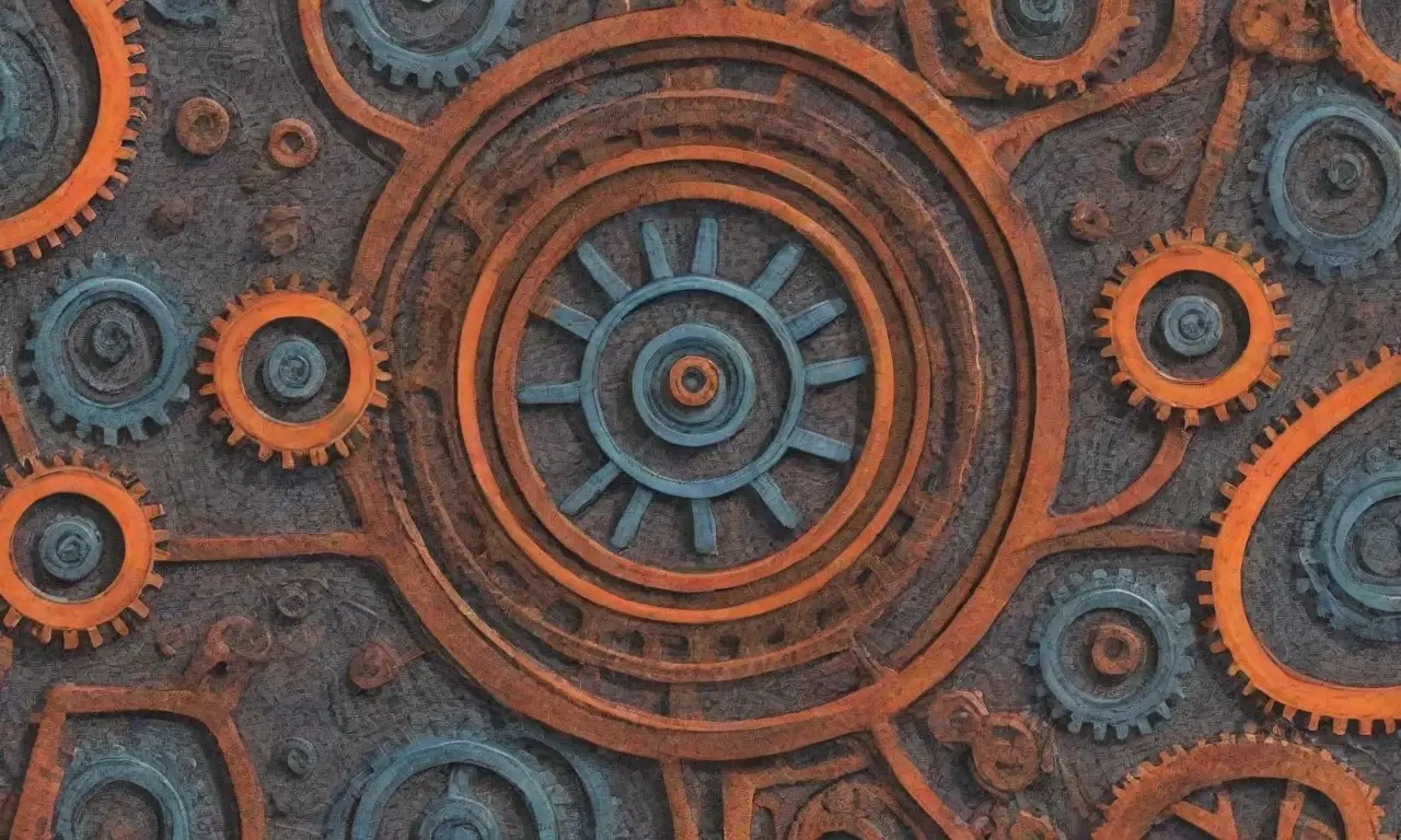 Un diseño complejo combina maquinaria, colores vibrantes y formas orgánicas en una composición dinámica
