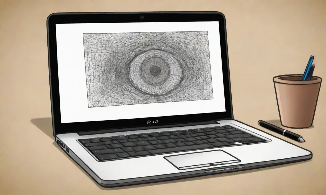 Un diseño detallado de un laptop combina líneas intrincadas, sombras suaves y colores apagados para transmitir profesionalismo y claridad