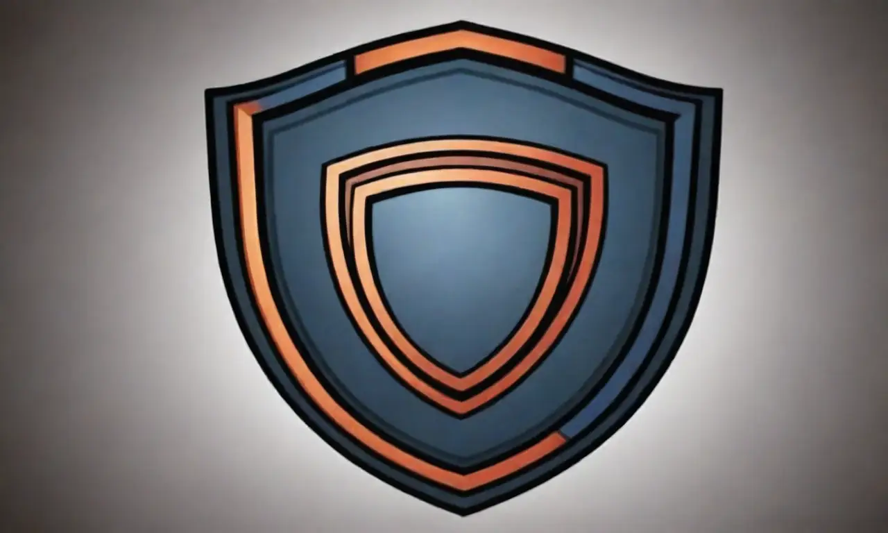 Un escudo con líneas audaces, patrones intrincados y colores vibrantes simboliza seguridad y confianza en un paisaje digital