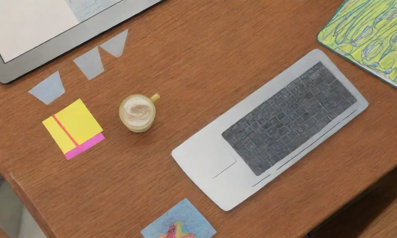 Un espacio de trabajo vibrante con elementos coloridos y texturas diversas