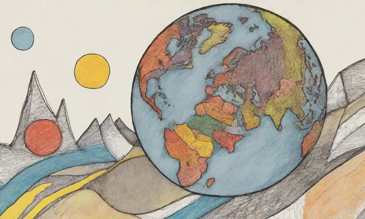 Un globo fragmentado con texturas y contrastes que representan paisajes, urbanismo y desigualdad