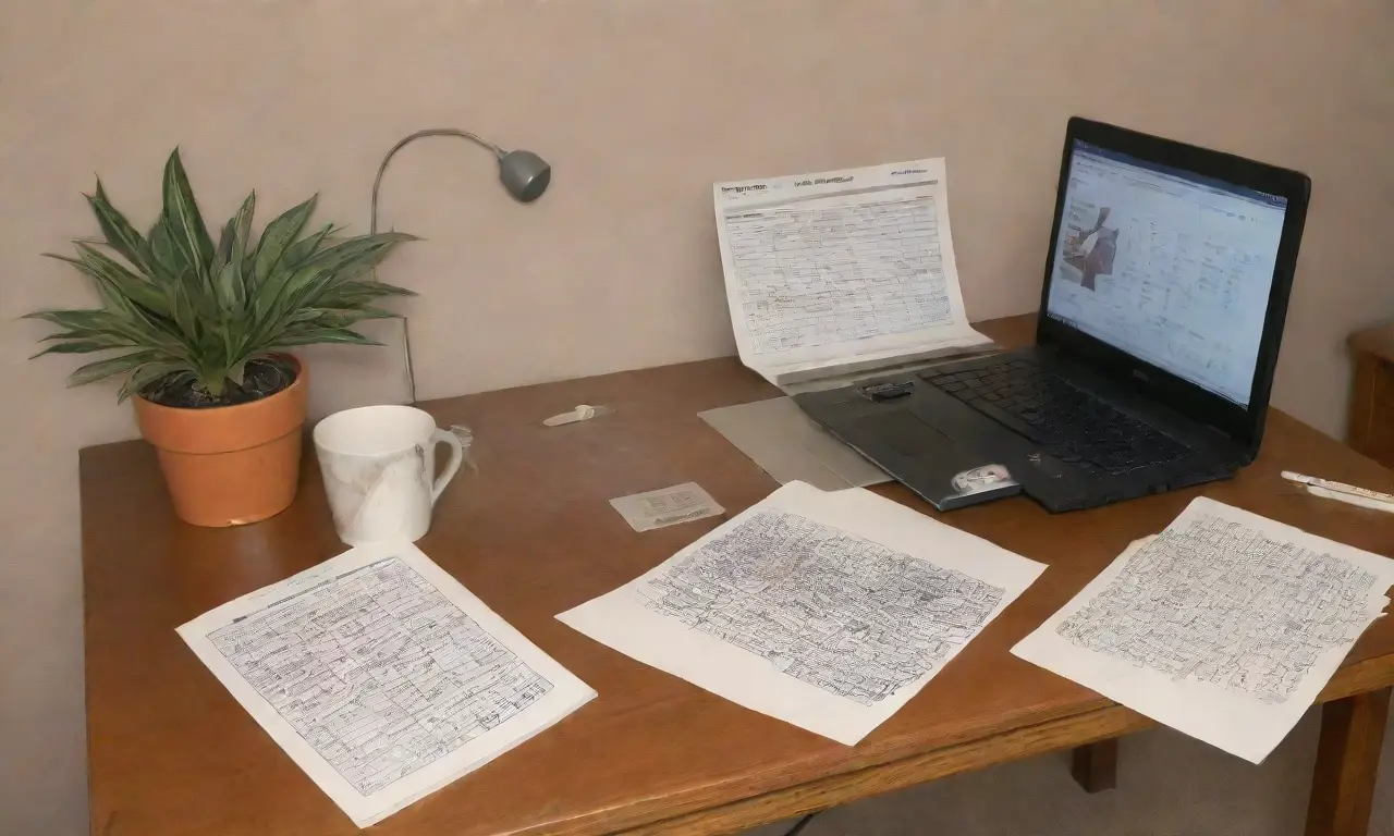 Un escritorio desordenado con luz suave, papeles arrugados, un laptop brillante y una planta, evoca una creatividad caótica