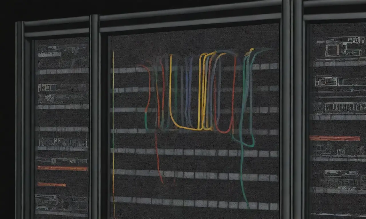 Un dibujo técnico destaca un rack de servidores con líneas audaces, sombras suaves, texturas intrincadas y colores vibrantes