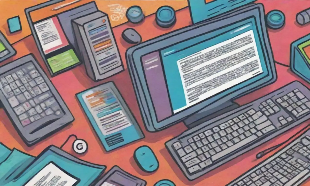 Ilustración vibrante de un ordenador con líneas audaces, colores contrastantes y elementos visuales que representan opciones de hosting