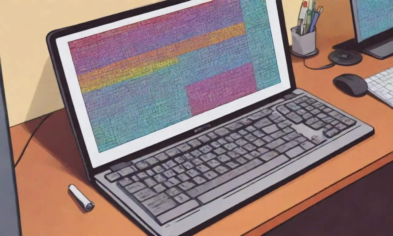 Una composición visual dinámica y profesional resalta un ordenador con texturas, colores vibrantes y detalles intrincados