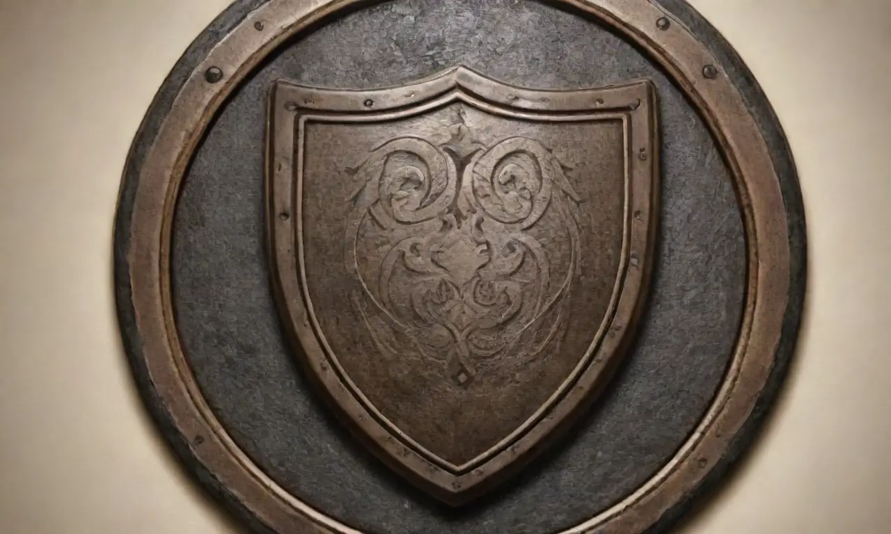 Un escudo con líneas audaces, patrones intrincados y colores equilibrados simboliza seguridad y funcionalidad