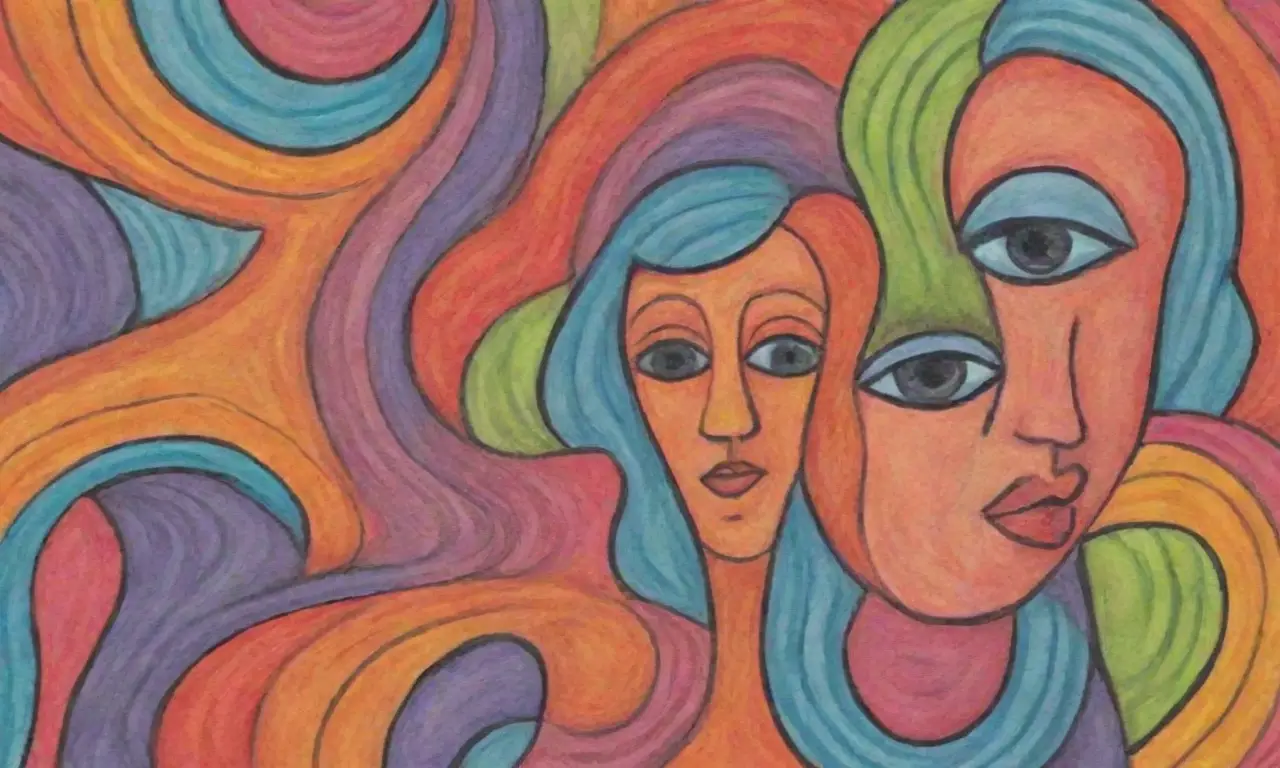 Líneas audaces y colores contrastantes crean figuras complejas y emocionales en una composición dinámica