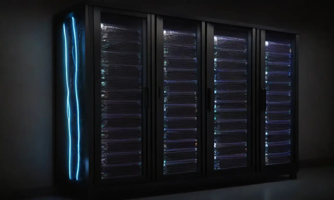 Un rack de servidores con líneas definidas, sombras suaves, texturas intrincadas y un diseño dinámico