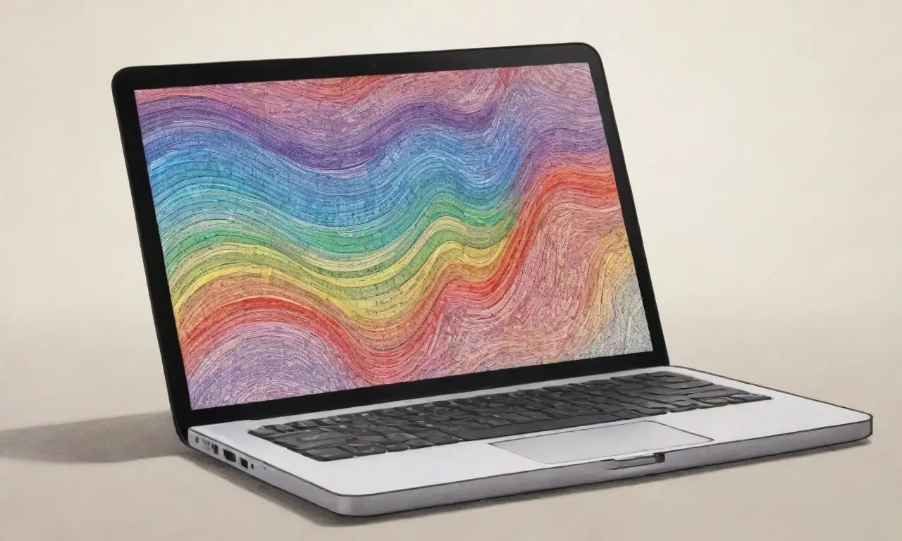 Un diseño de laptop destaca por líneas audaces, colores vibrantes y detalles que sugieren accesibilidad y experiencia del usuario