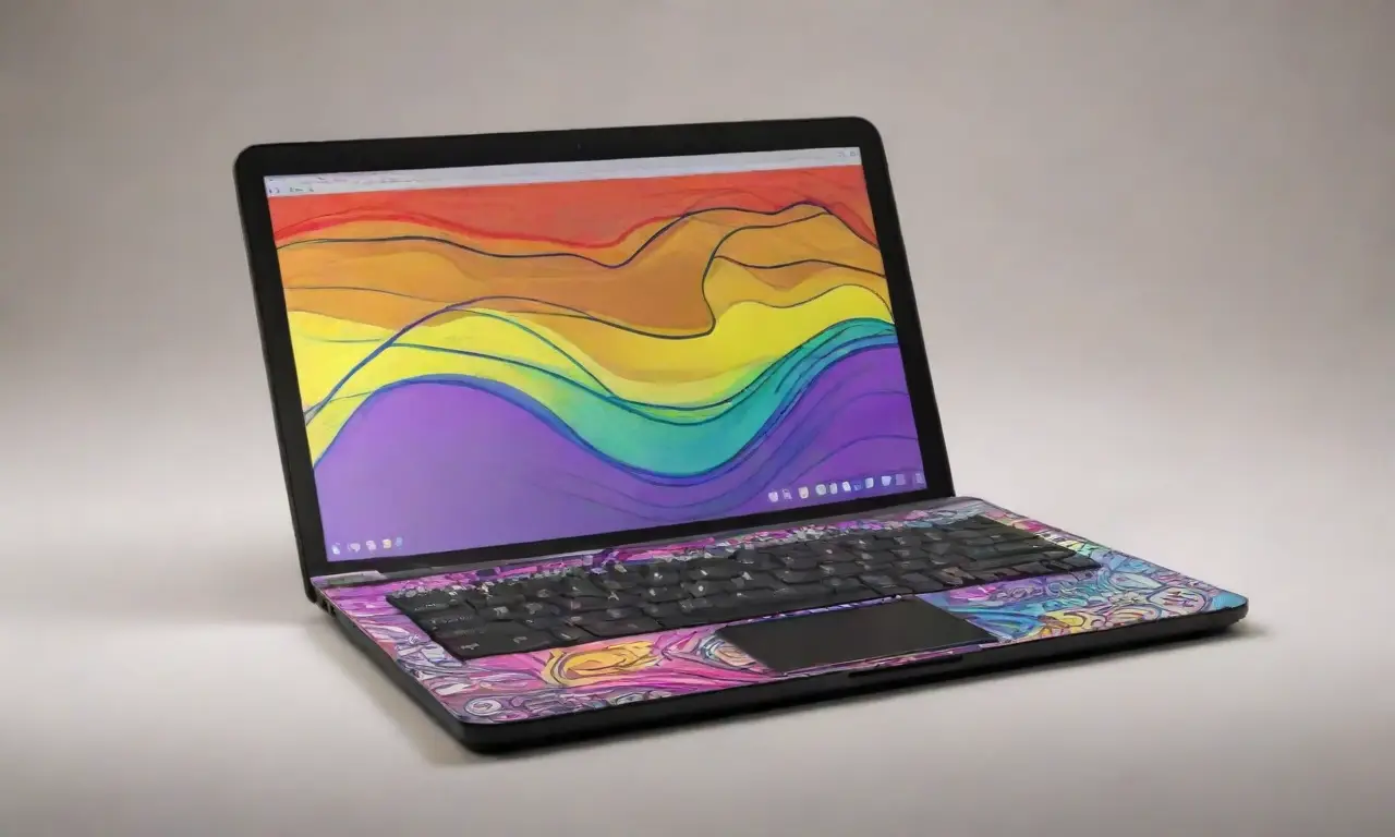Un diseño de laptop elegante con colores vibrantes y elementos que evocan creatividad y dinamismo
