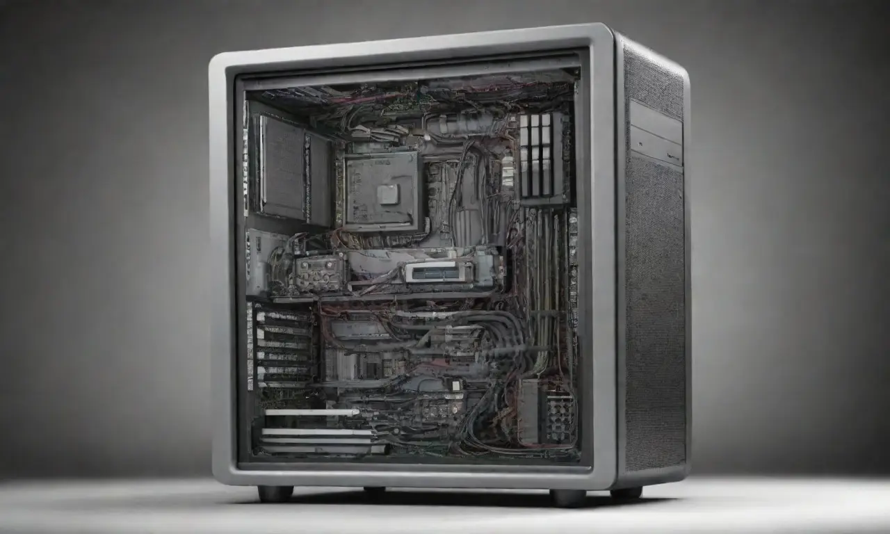 Un diseño detallado de una torre de computadora combina líneas intrincadas, sombras suaves y colores sutiles para crear una composición visualmente atractiva