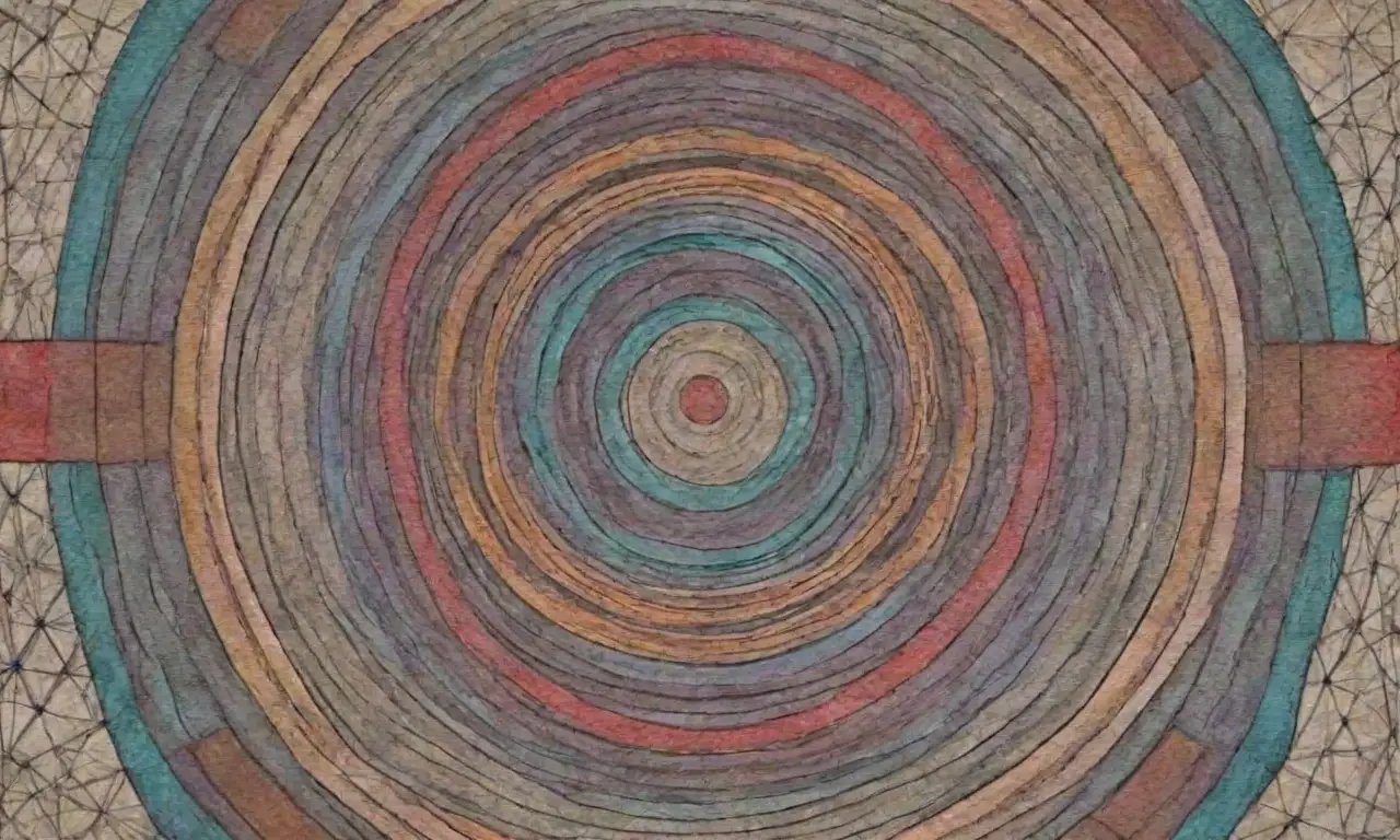 Un intrincado diseño visual combina líneas, sombras, texturas y colores para crear una composición armoniosa y compleja