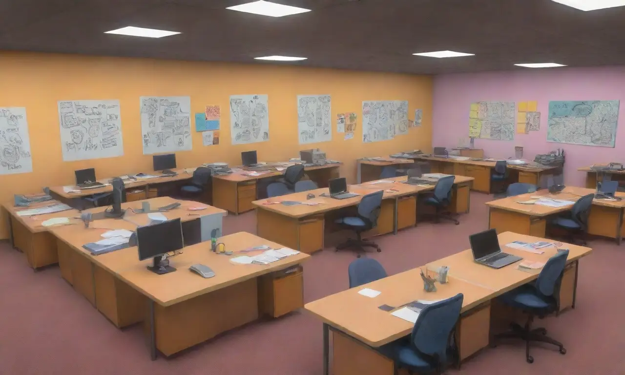 Escena de trabajo vibrante con sombras suaves, líneas audaces, colores cálidos y fríos, y detalles intrincados que fomentan la creatividad y el trabajo en equipo