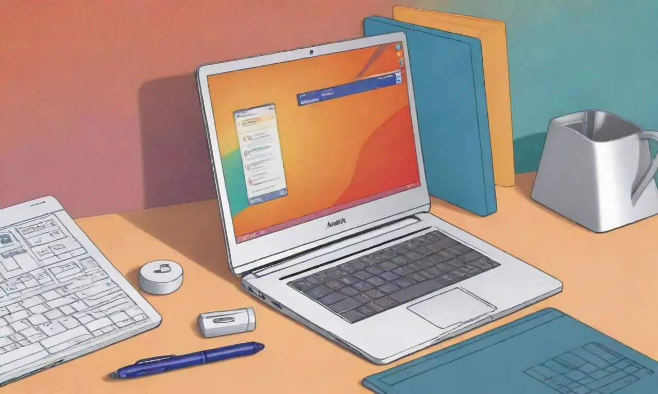 Un diseño de laptop elegante con colores vibrantes, sombras suaves y una composición dinámica