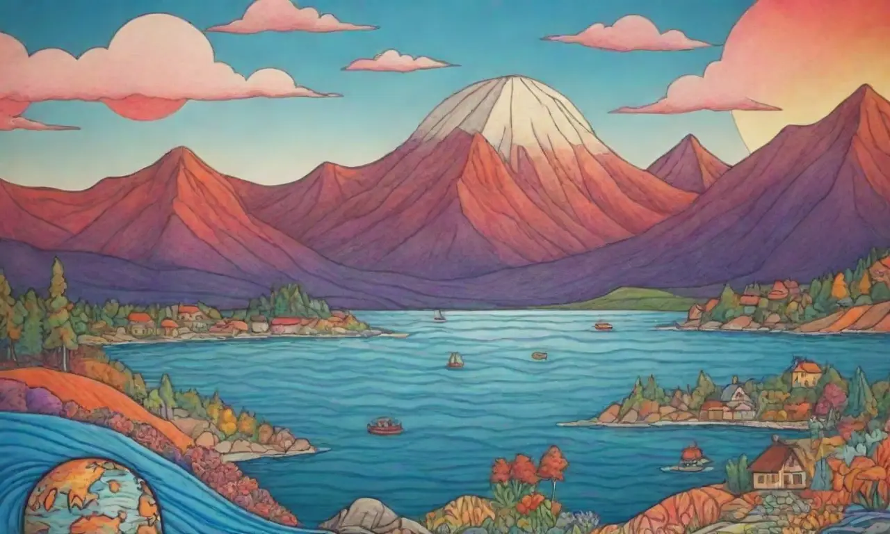 Un diseño detallado y colorido representa un globo con paisajes, viajeros y símbolos culturales
