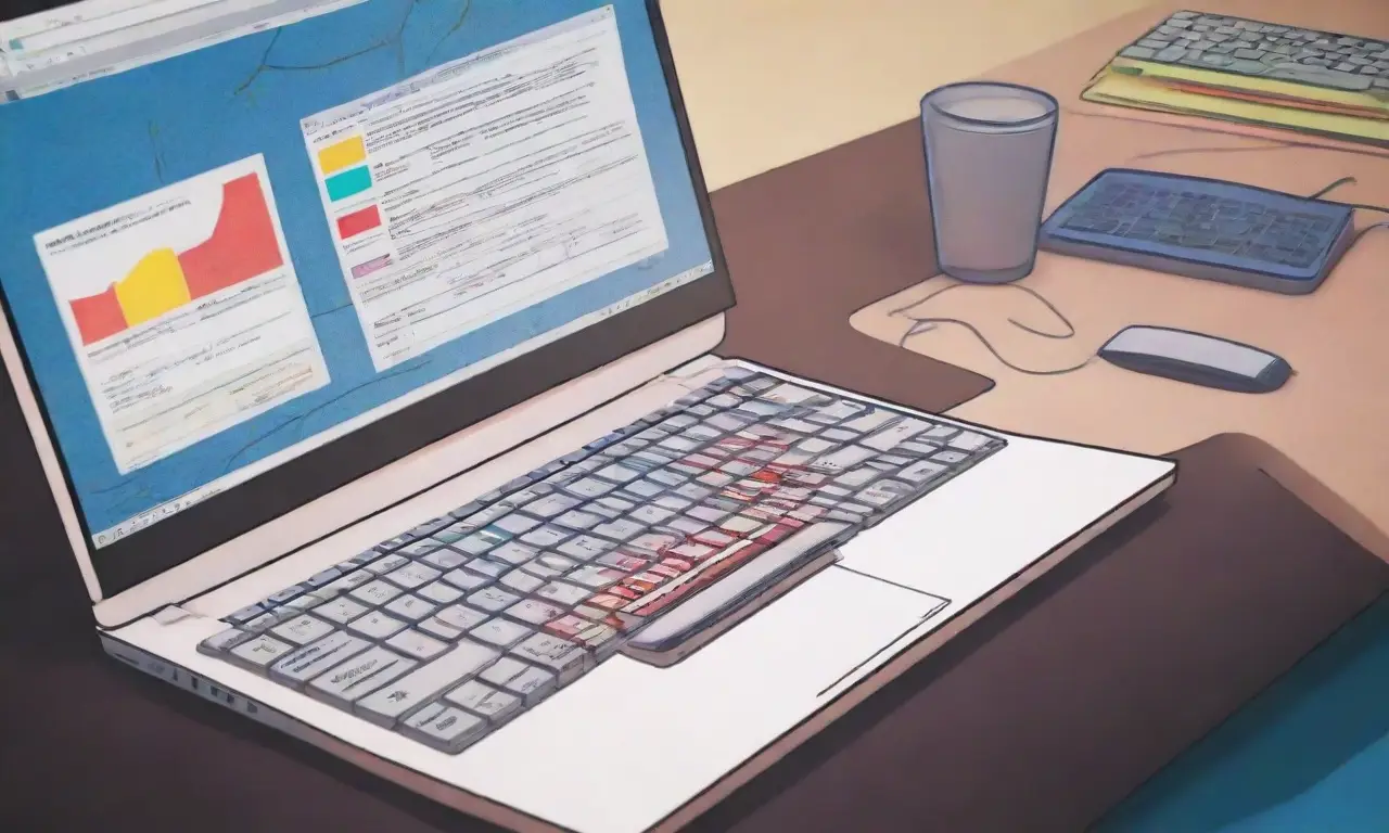 Un diseño vibrante y equilibrado de un laptop con gráficos coloridos y detalles intrincados
