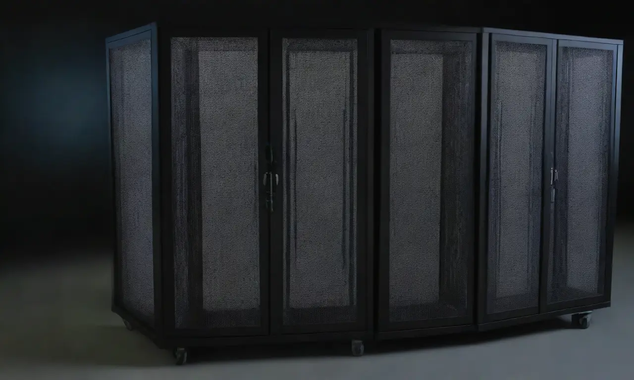Un rack de servidores con líneas definidas, sombras suaves, texturas intrincadas y un fondo urbano que transmite seguridad y cumplimiento
