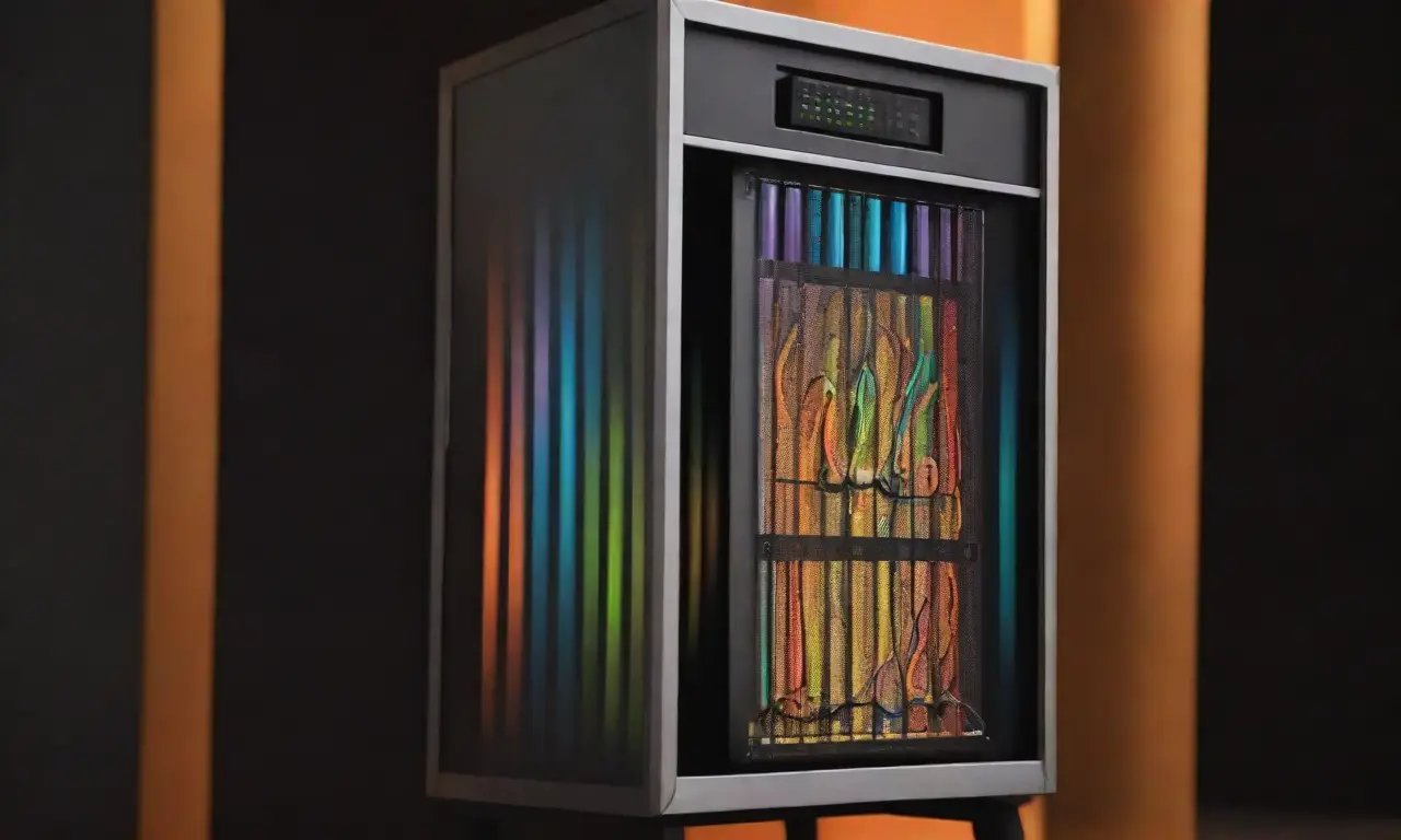 Una torre de servidor con líneas audaces, texturas intrincadas y una paleta vibrante resalta los beneficios del hosting dedicado