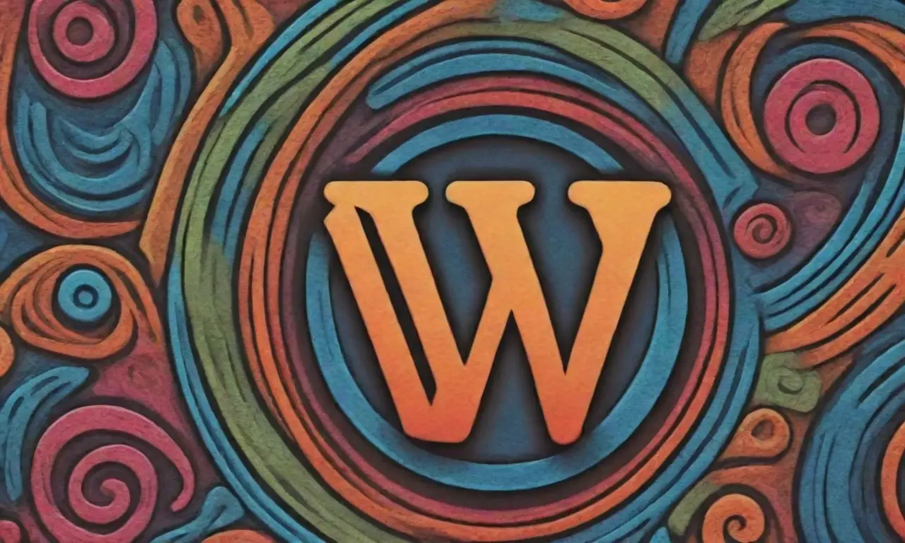Un diseño complejo del logo de WordPress destaca plugins y métricas en un paisaje digital vibrante