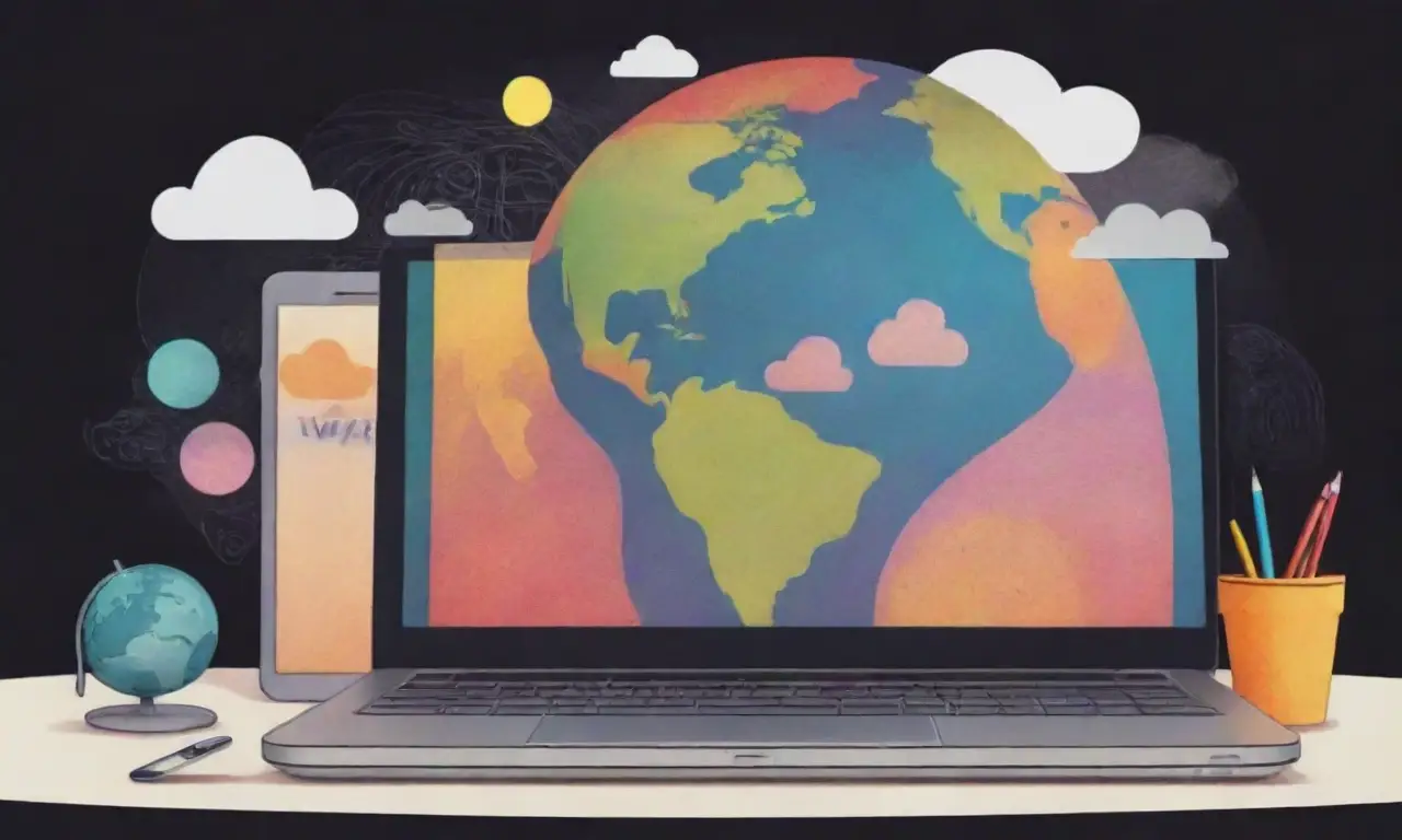 Un diseño digital muestra un laptop con iconos vibrantes, logos de WordPress y Wix, y personajes diversos en un paisaje conectado