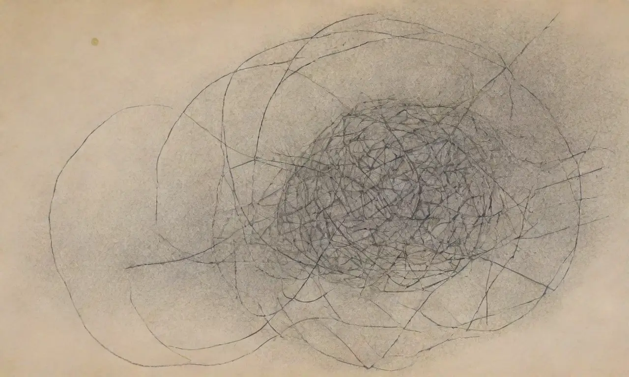 Una imagen caótica con figuras borrosas, texturas contrastantes y elementos que simbolizan confusión y estructura