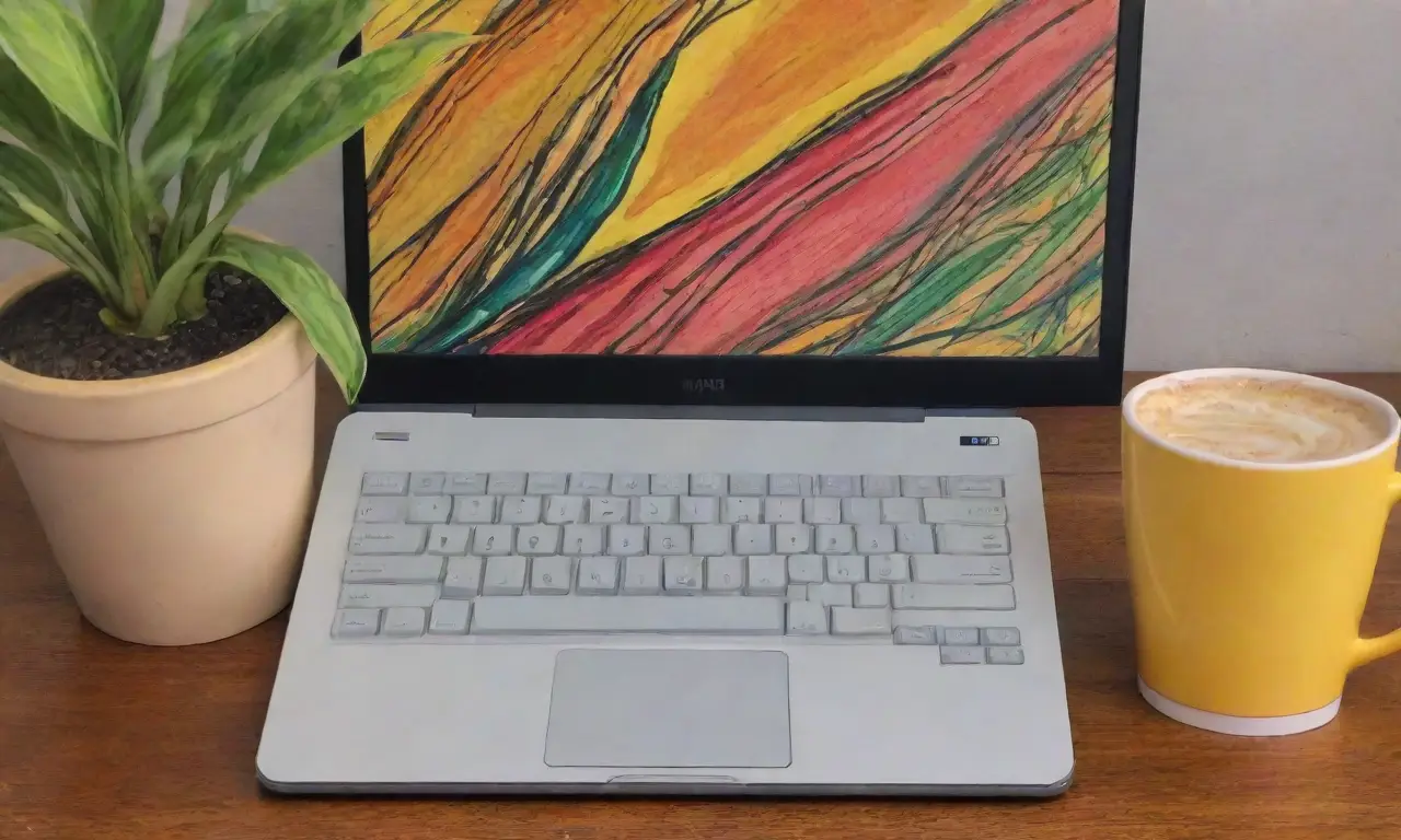 Una laptop rodeada de sombras suaves, colores vibrantes y detalles creativos
