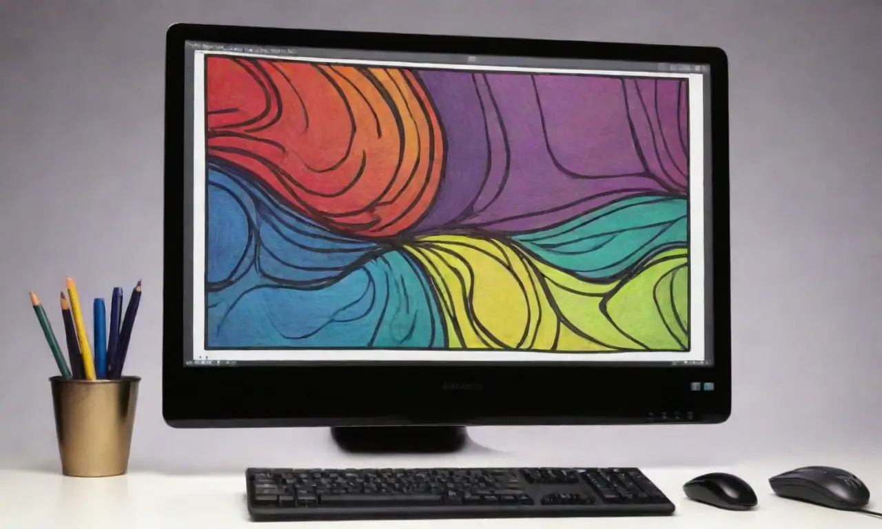 Un diseño visual resalta la complejidad y ventajas de una pantalla de computadora mediante líneas, sombras y colores vibrantes
