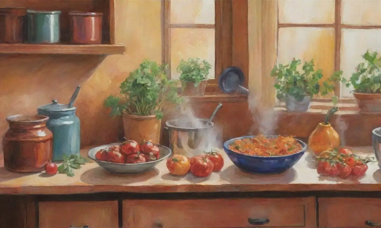 Una cocina vibrante y cálida, llena de colores, texturas y movimiento