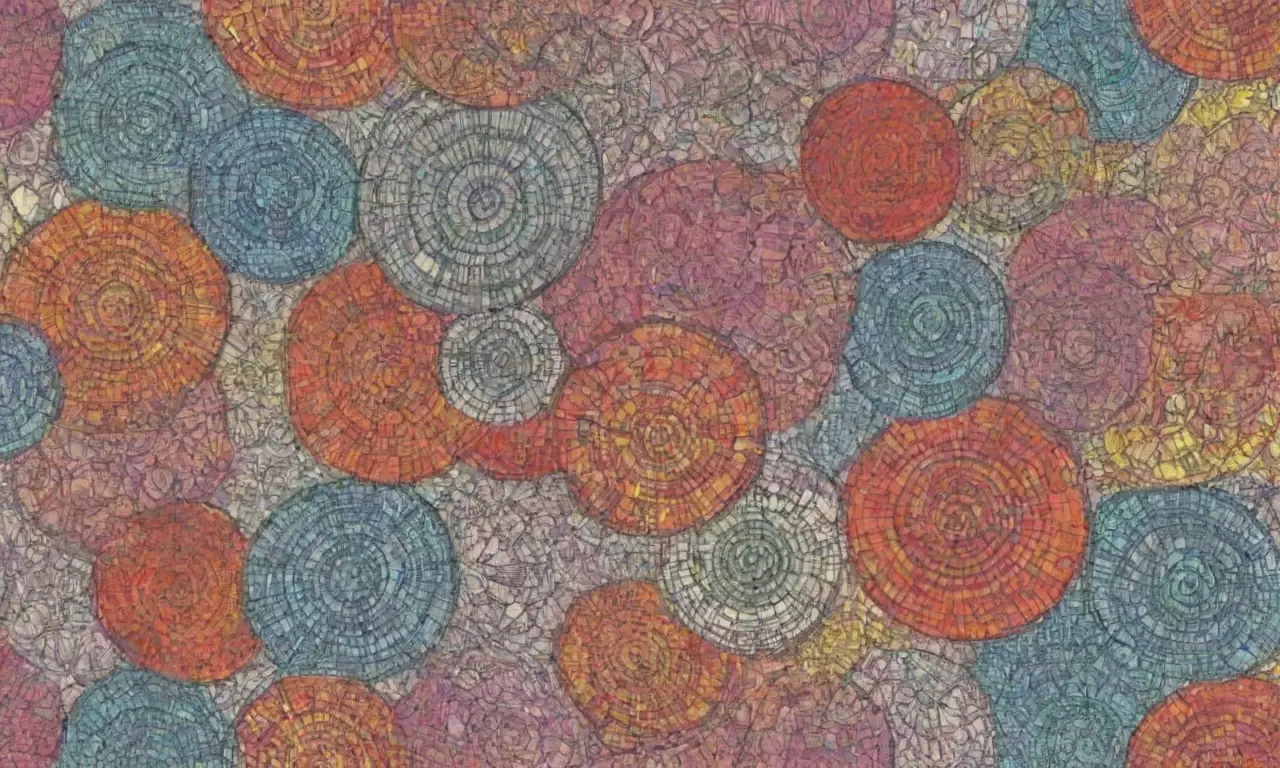 Un diseño complejo combina líneas intrincadas, sombras suaves, texturas, colores contrastantes y elementos orgánicos para crear una obra armoniosa y dinámica