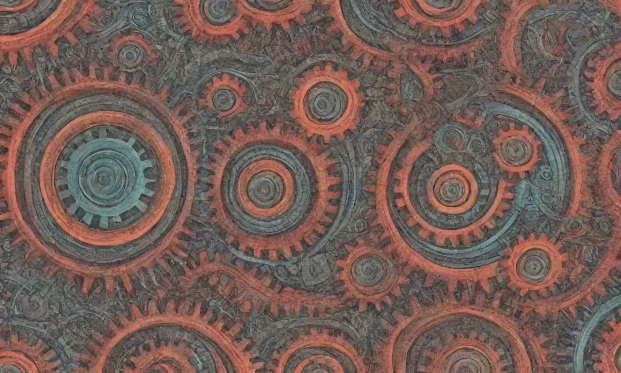 Un paisaje digital complejo combina líneas intrincadas, sombras suaves, colores vibrantes y formas orgánicas con mecánicas en una composición armoniosa