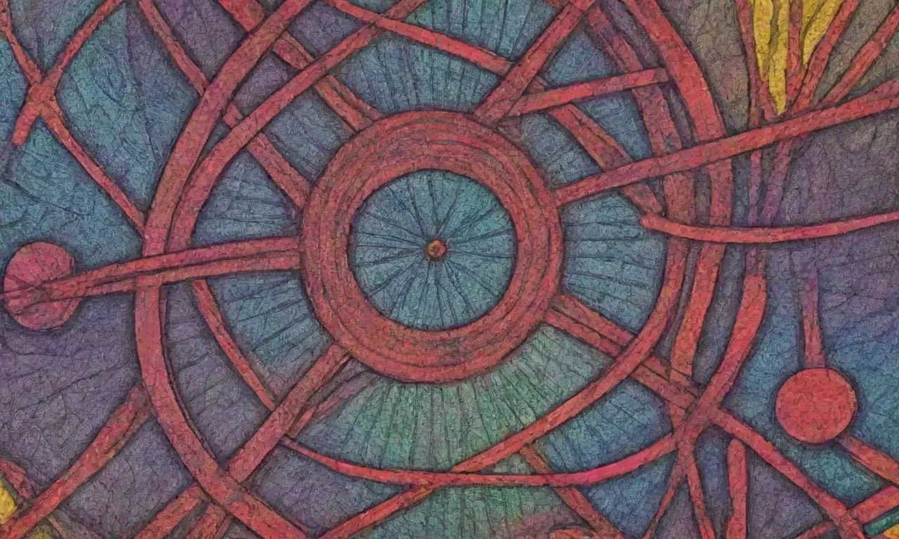Un diseño complejo combina líneas, sombras, texturas y colores vibrantes para crear una composición dinámica y atractiva