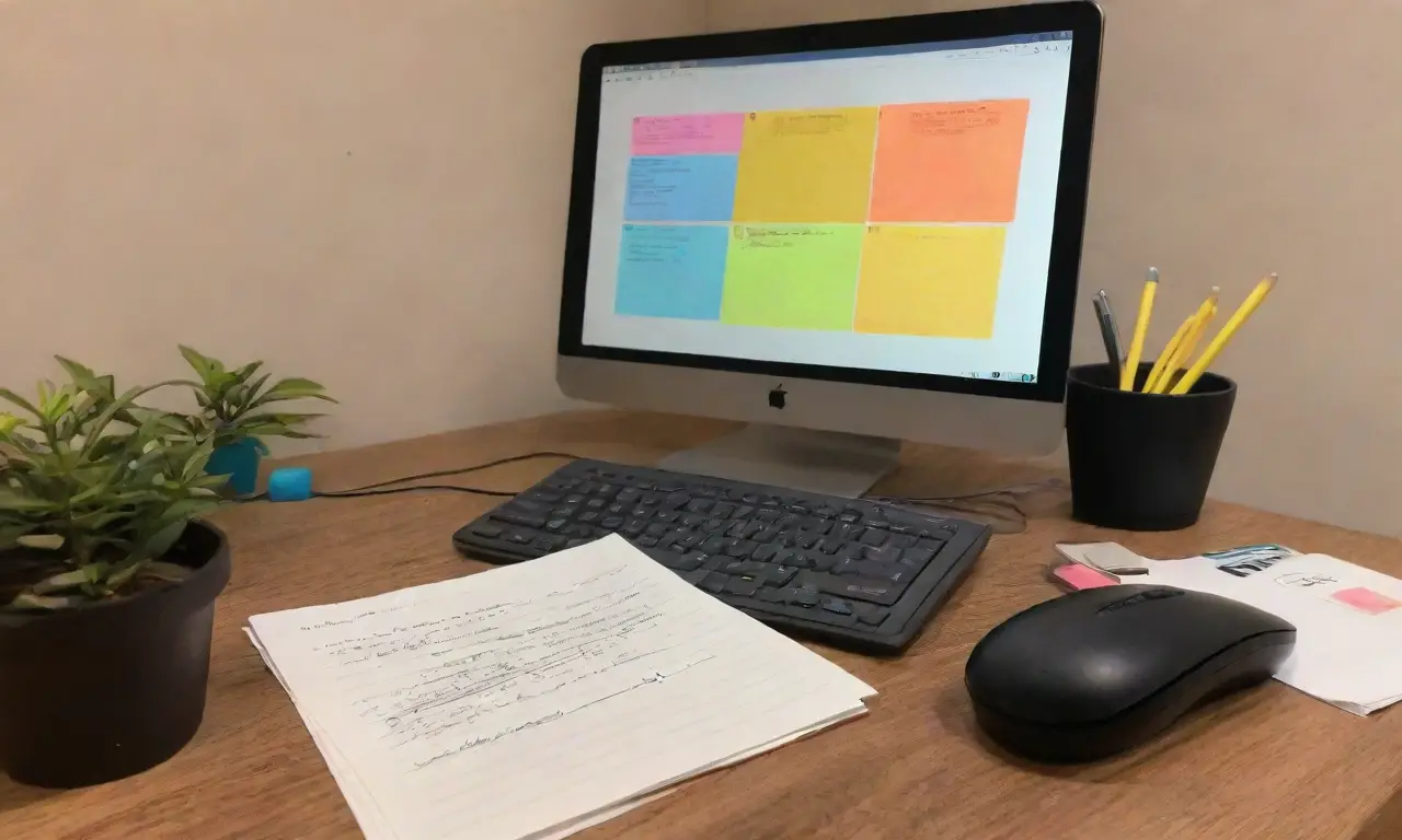 Un espacio de trabajo vibrante con luz suave, tecnología y creatividad en armonía