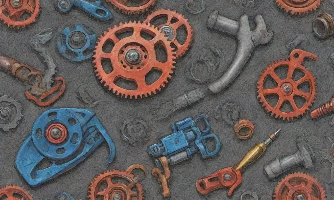 Diseño detallado y dinámico que combina herramientas, texturas y colores vibrantes para crear profundidad y realismo