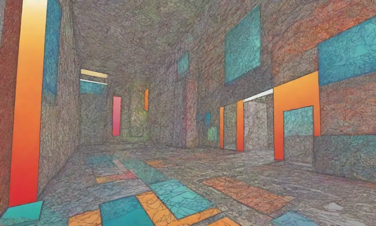 Un paisaje digital se crea con líneas intrincadas, sombras suaves, colores vibrantes y formas geométricas que sugieren movimiento y conectividad