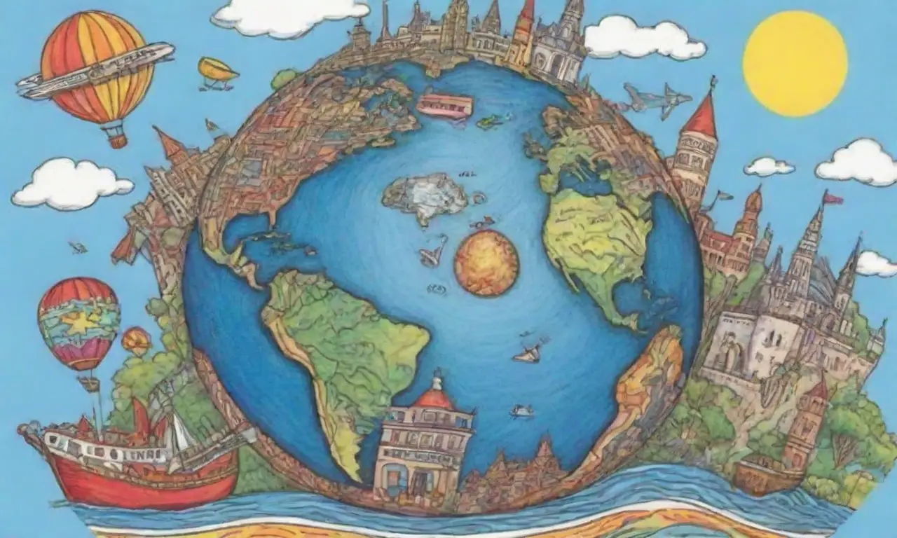 Un diseño vibrante y dinámico ilustra un globo terráqueo con destinos de viaje y viajeros