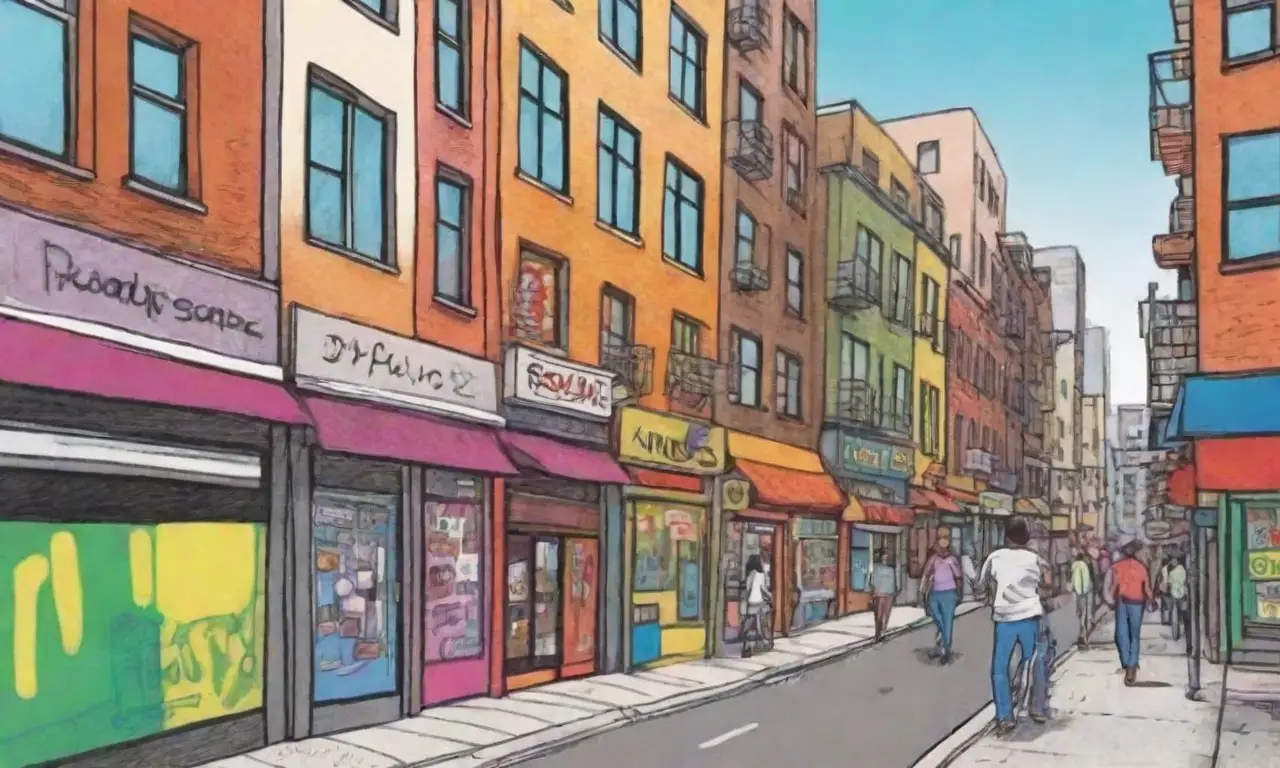 Una ciudad vibrante se representa con líneas audaces, sombras suaves, texturas intrincadas y un equilibrio visual que evoca nostalgia y modernidad