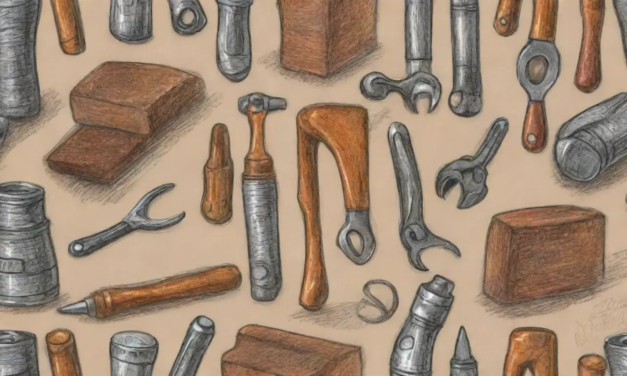El arte combina líneas, sombras, texturas y colores para resaltar herramientas con profundidad y funcionalidad