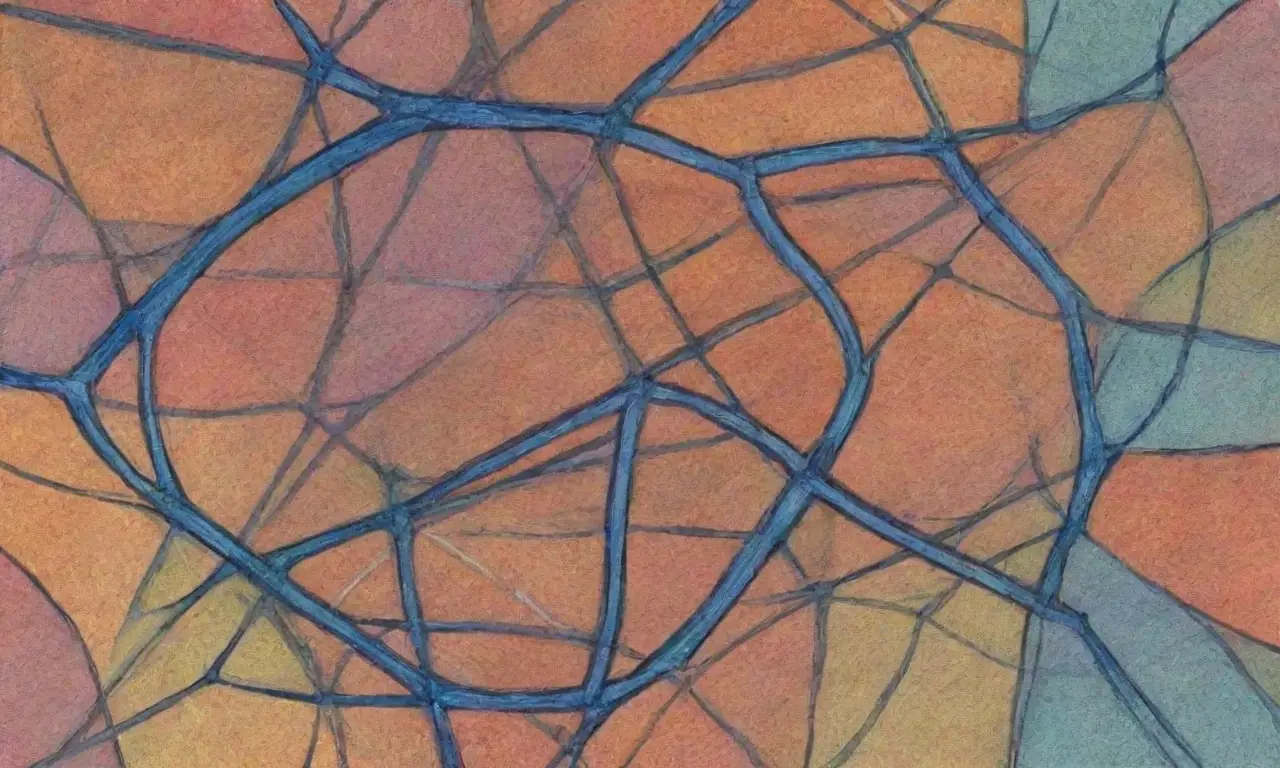 Un diseño complejo combina líneas, sombras, texturas y colores para representar conexiones y movimiento