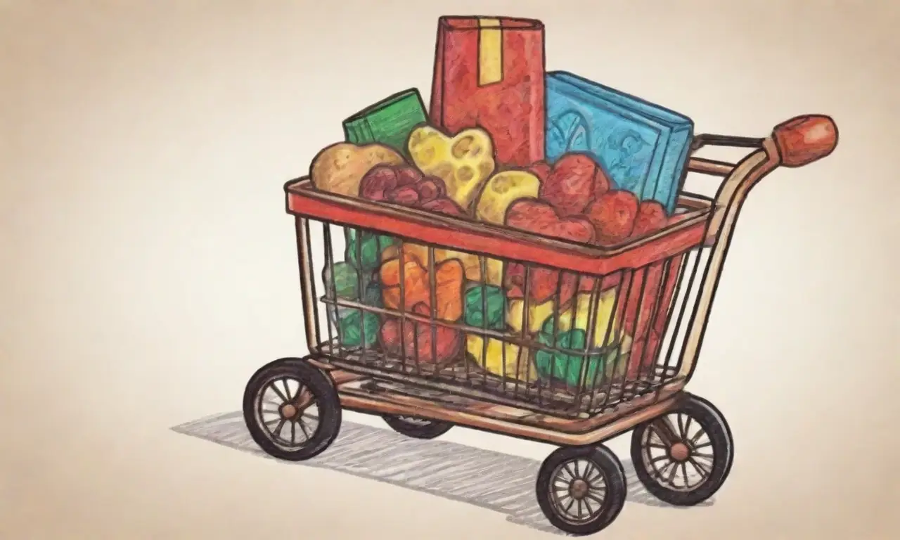 Un carrito de compras con líneas audaces, sombras suaves, texturas intrincadas y colores vibrantes crea una atmósfera acogedora y moderna