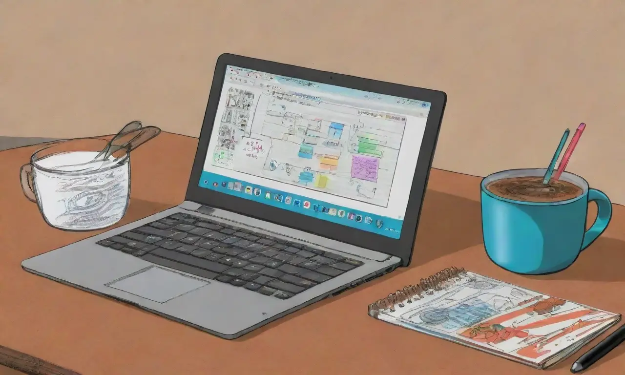 Un laptop con sombras suaves, teclado detallado, pantalla de WordPress, papeles dispersos y una taza de café humeante crean una composición armoniosa y vibrante